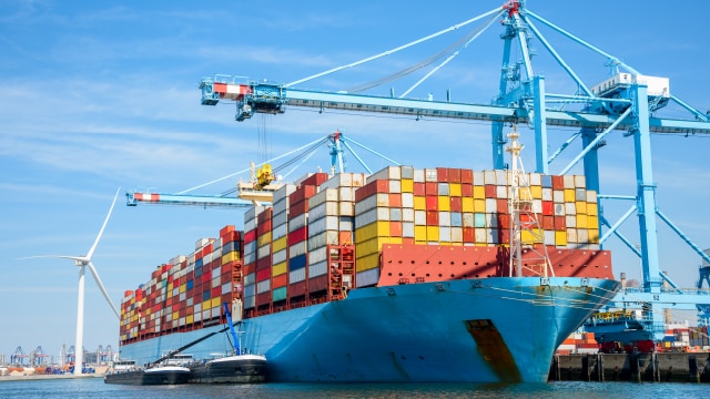 Loaded cargo ship in harbour